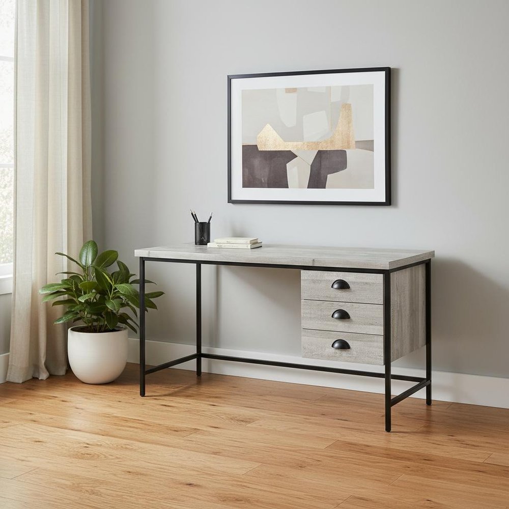 24" Gray and Black Computer Desk With Three Drawers