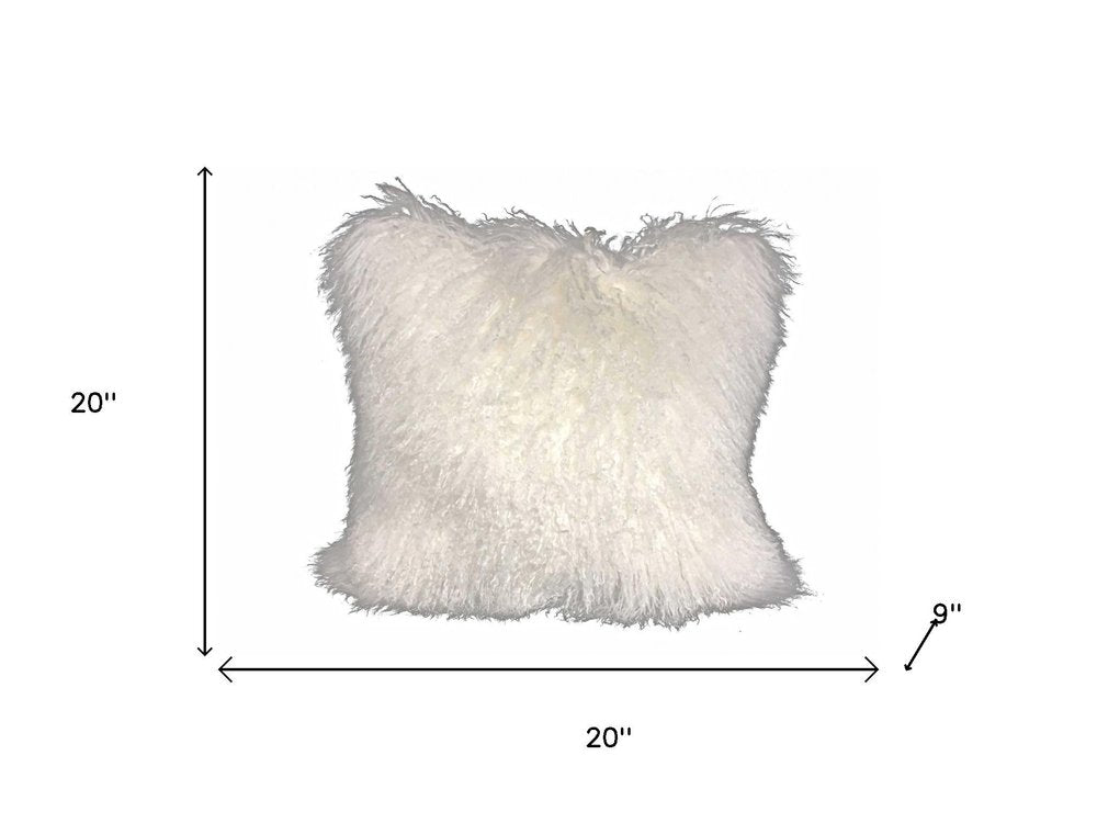20" Bright White Genuine Tibetan Lamb Fur Pillow With Microsuede Backing
