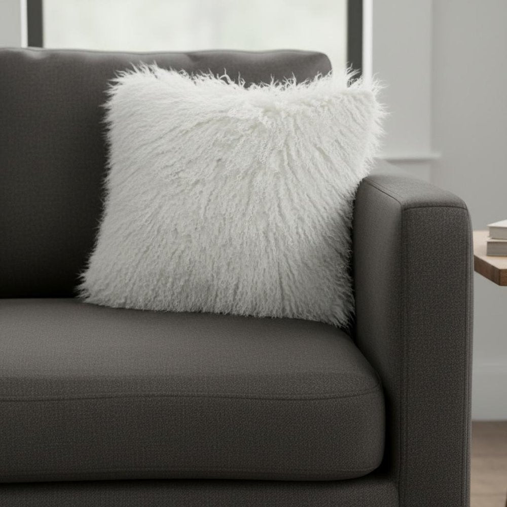 20" Bright White Genuine Tibetan Lamb Fur Pillow With Microsuede Backing