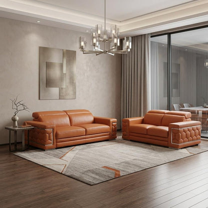 Two Piece Indoor Camel Italian Leather Five Person Seating Set