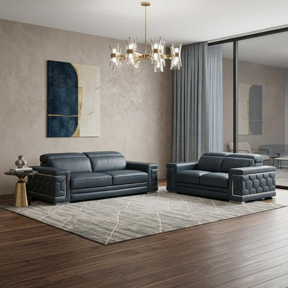 Two Piece Indoor Dark Gray Italian Leather Five Person Seating Set