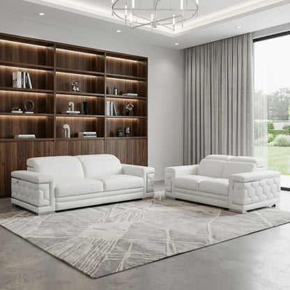 Two Piece Indoor White Italian Leather Five Person Seating Set