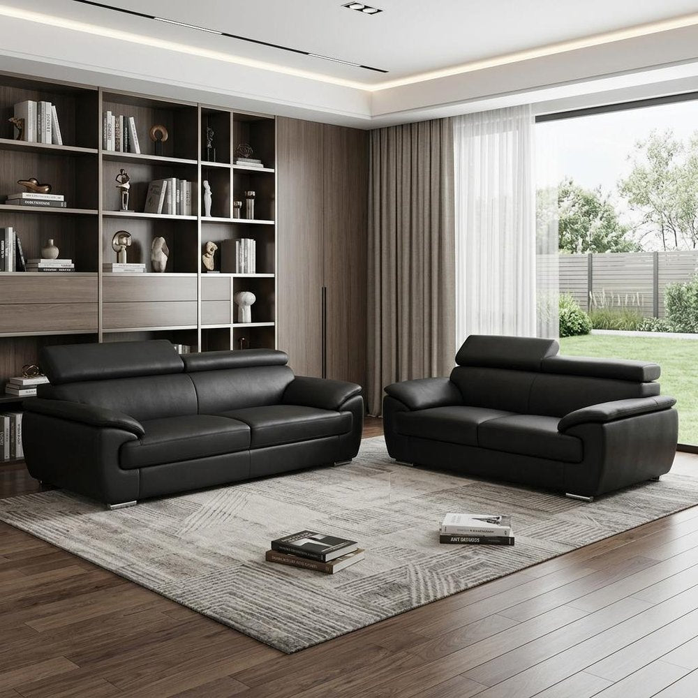 Two Piece Indoor Black Genuine Leather Five Person Seating Set