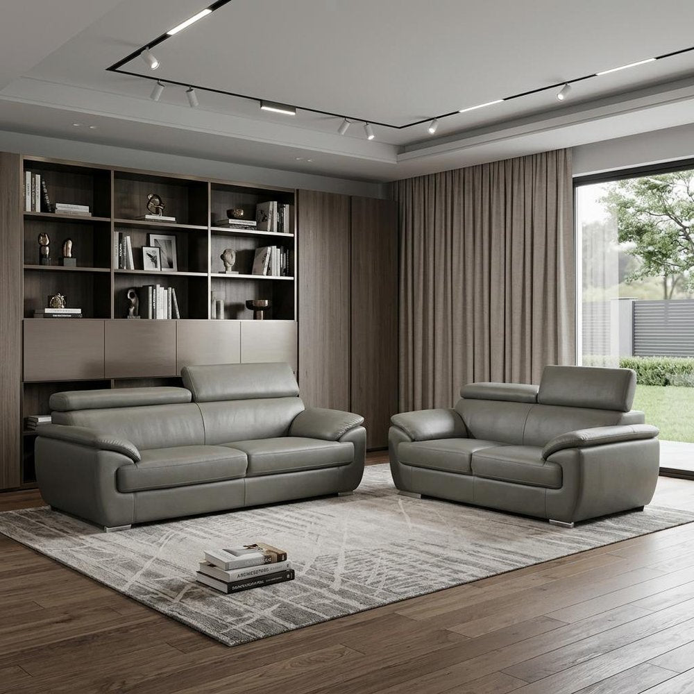 Two Piece Indoor Gray Genuine Leather Five Person Seating Set