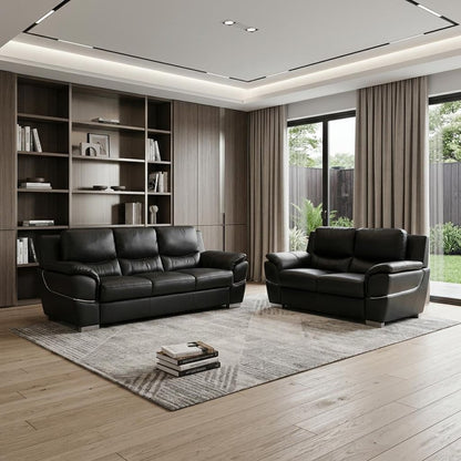 Two Piece Indoor Black Genuine Leather Five Person Seating Set