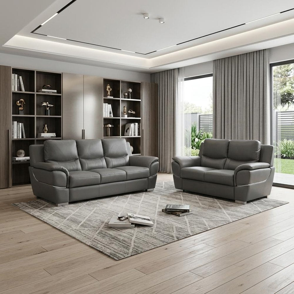 Two Piece Indoor Gray Genuine Leather Five Person Seating Set