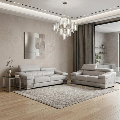 Two Piece Indoor Light Gray Italian Leather Five Person Seating Set