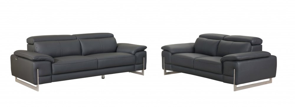 Two Piece Indoor Dark Gray Italian Leather Five Person Seating Set