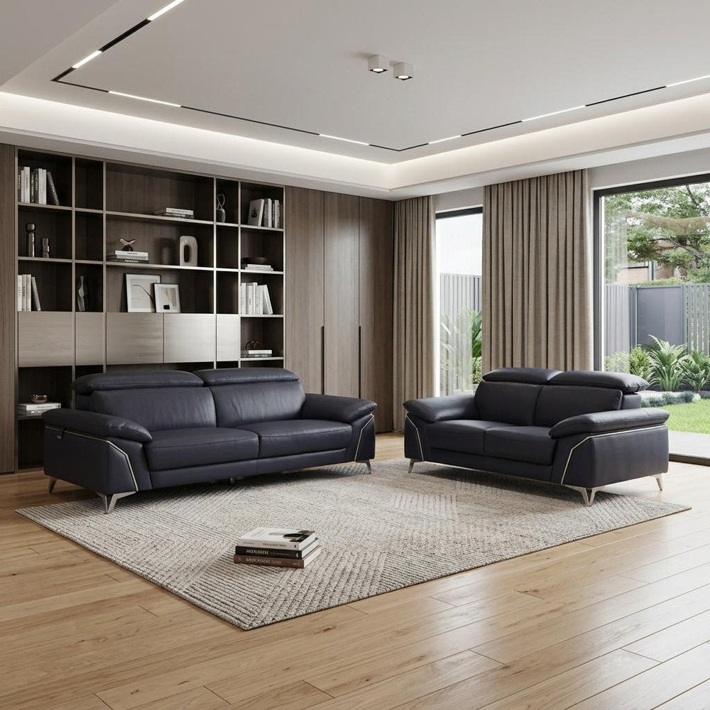 Two Piece Indoor Blue Italian Leather Five Person Seating Set