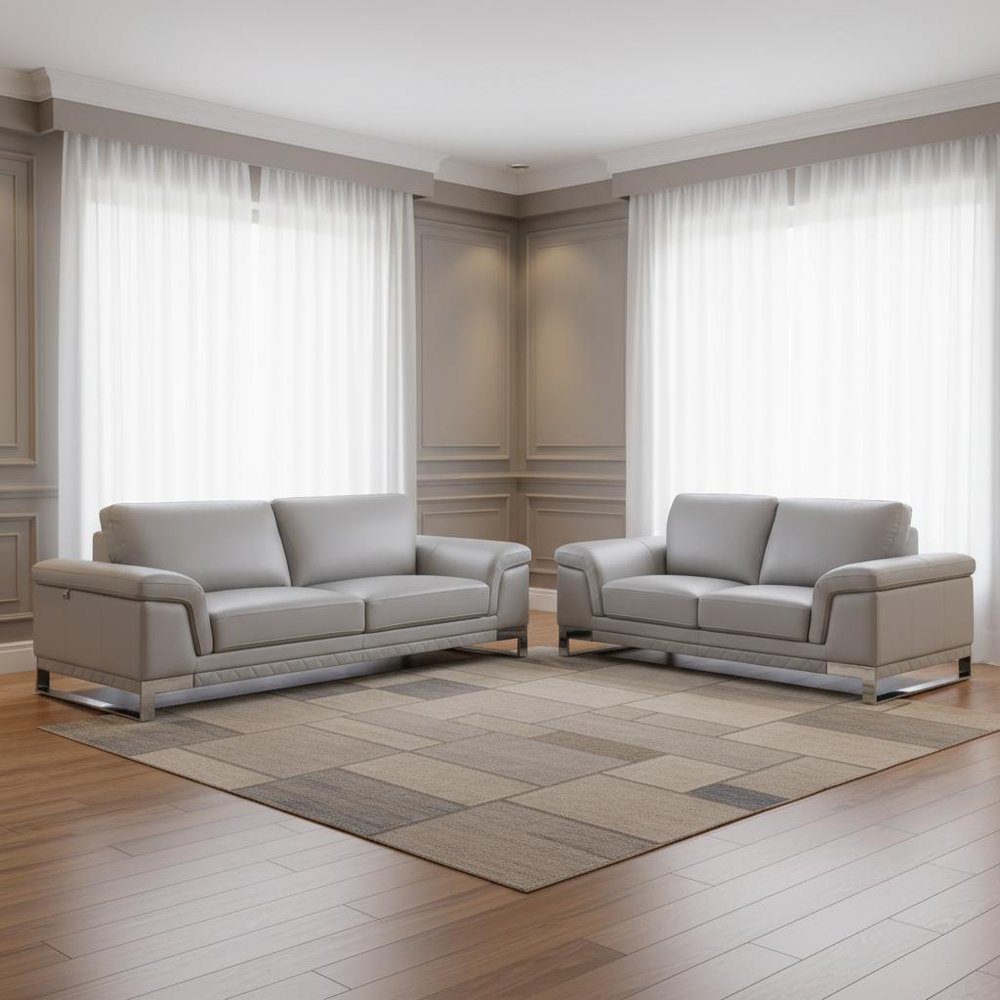 Two Piece Indoor Light Gray Italian Leather Five Person Seating Set