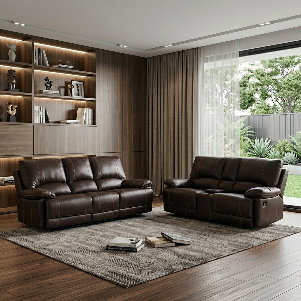 Two Piece Indoor Brown Faux Leather Five Person Seating Set