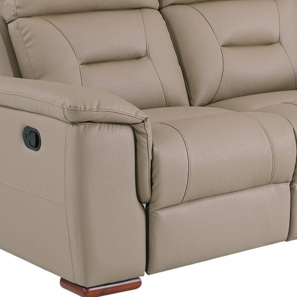 67" Beige And Brown Faux Leather Manual Reclining Loveseat