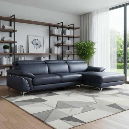 Navy Blue Italian Leather L Shaped Two Piece Sofa and Chaise Sectional