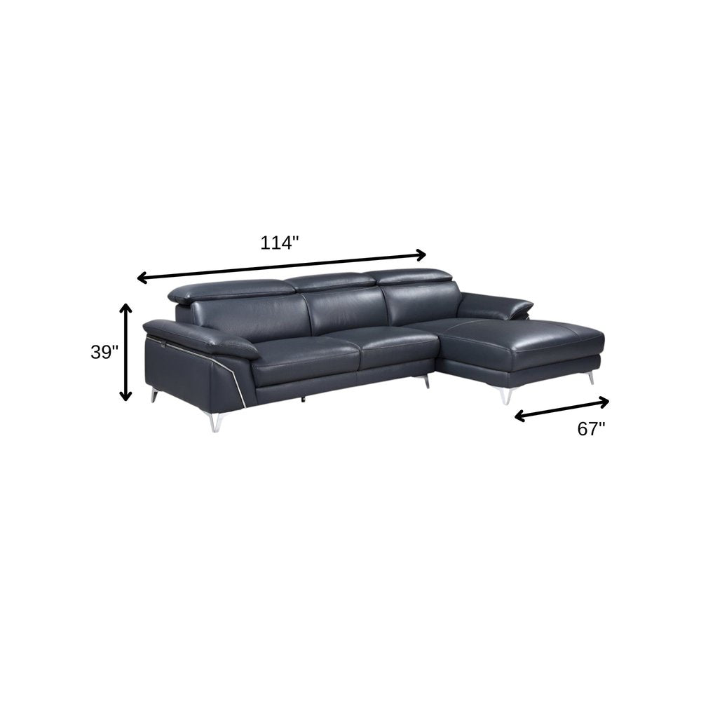 Navy Blue Italian Leather L Shaped Two Piece Sofa and Chaise Sectional