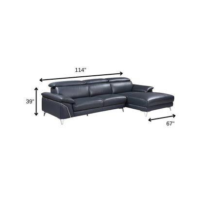 Navy Blue Italian Leather L Shaped Two Piece Sofa and Chaise Sectional