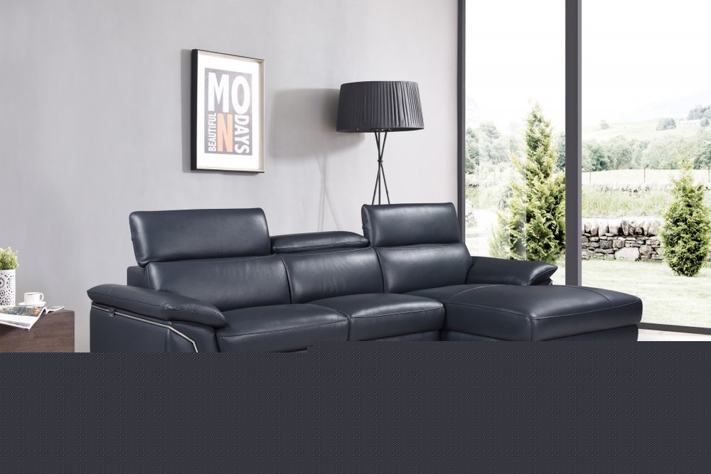 Navy Blue Italian Leather L Shaped Two Piece Sofa and Chaise Sectional