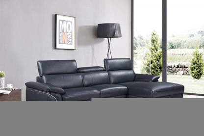 Navy Blue Italian Leather L Shaped Two Piece Sofa and Chaise Sectional