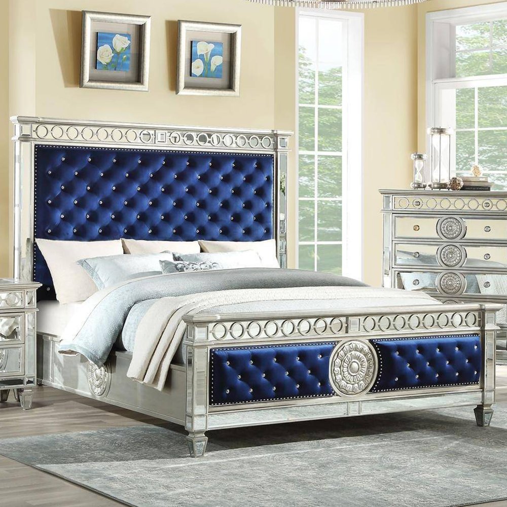 Blue King Bed Frame With Nailhead Trim