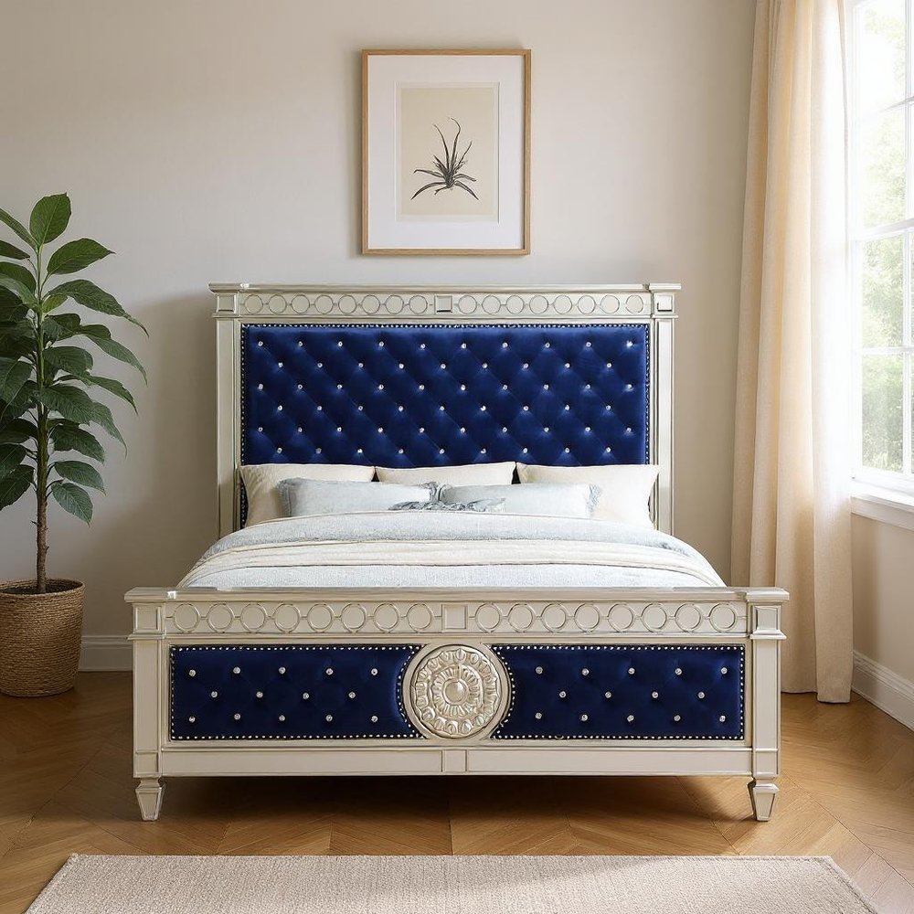 Blue King Bed Frame With Nailhead Trim