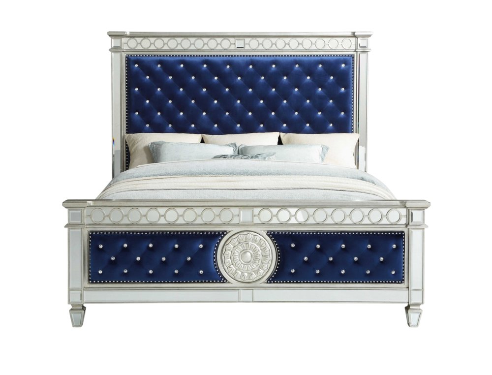 Blue King Bed Frame With Nailhead Trim
