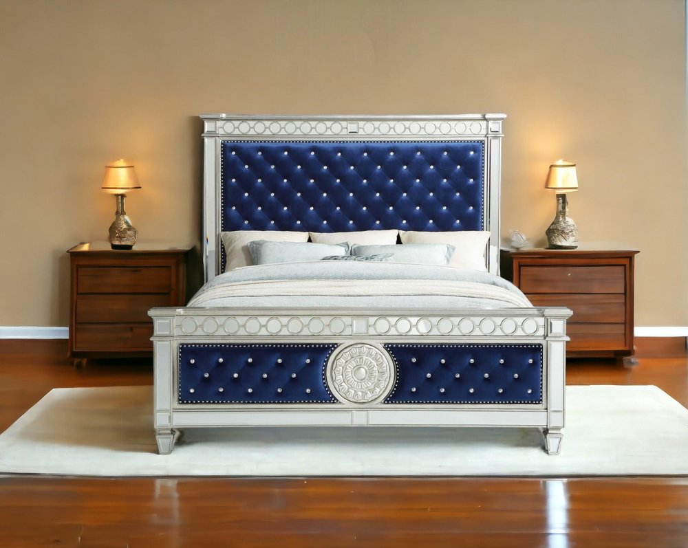 Blue King Bed Frame With Nailhead Trim
