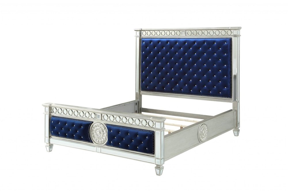 Blue King Bed Frame With Nailhead Trim