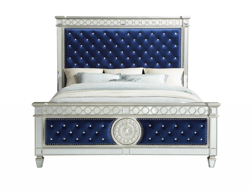 Blue King Bed Frame With Nailhead Trim