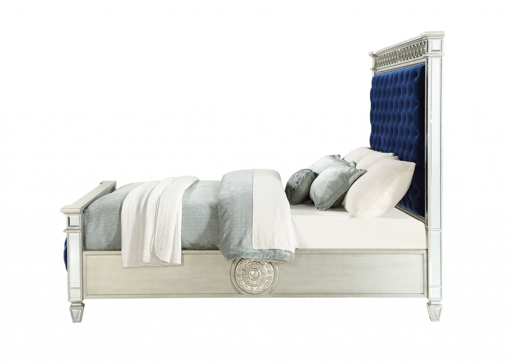 Blue King Bed Frame With Nailhead Trim