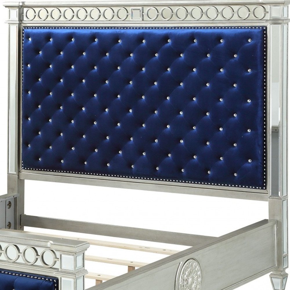 Blue King Bed Frame With Nailhead Trim