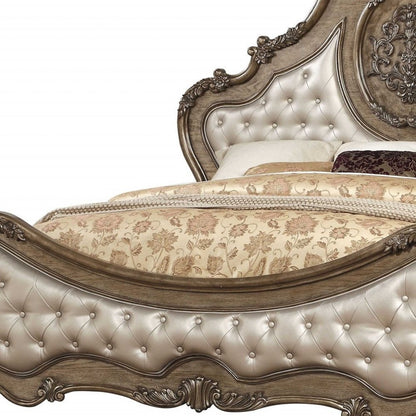 Oak and Bronze Solid Wood Tufted Upholstered Faux Leather Bed Frame