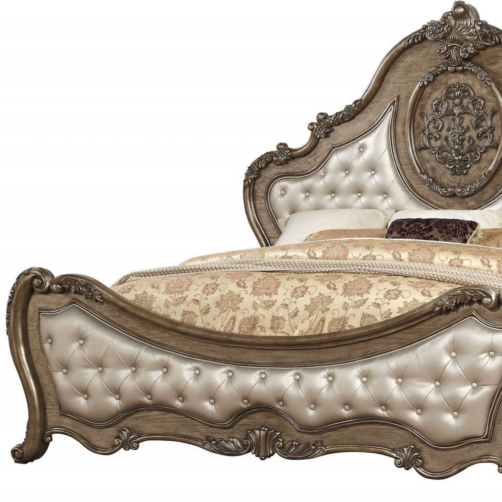Oak and Bronze Solid Wood Tufted Upholstered Faux Leather Bed Frame