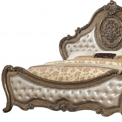 Oak and Bronze Solid Wood Tufted Upholstered Faux Leather Bed Frame