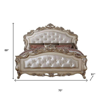 Antiqued White Wood And Tufted Silk Queen Bed Frame With Nailhead Trim