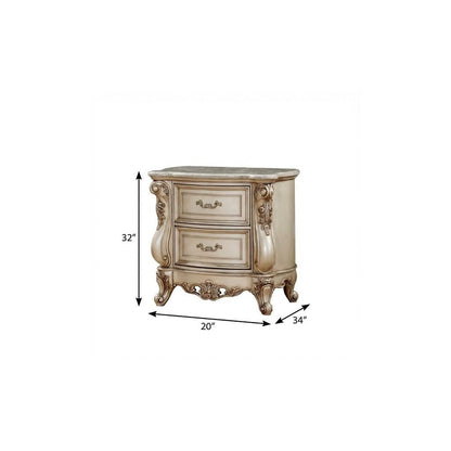 32" Antiqued White Two Drawers Mirrored Nightstand