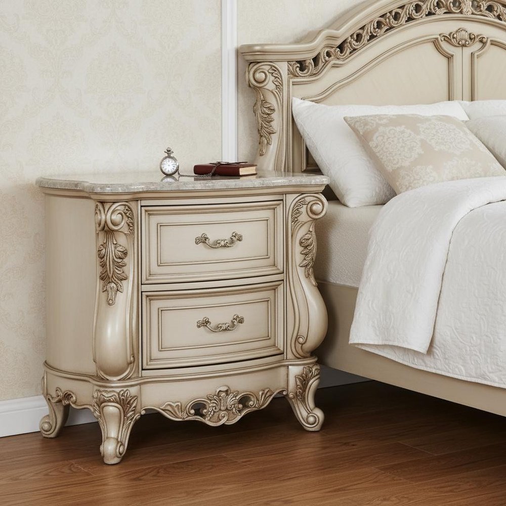 32" Antiqued White Two Drawers Mirrored Nightstand