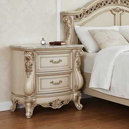 32" Antiqued White Two Drawers Mirrored Nightstand