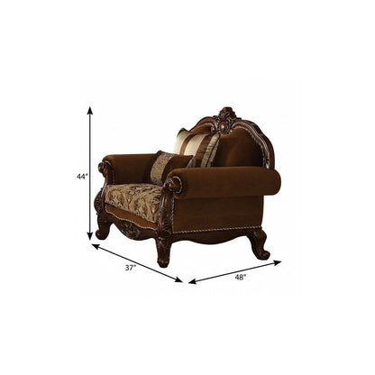 37" Brown Velvet Floral Club Chair And Toss Pillows