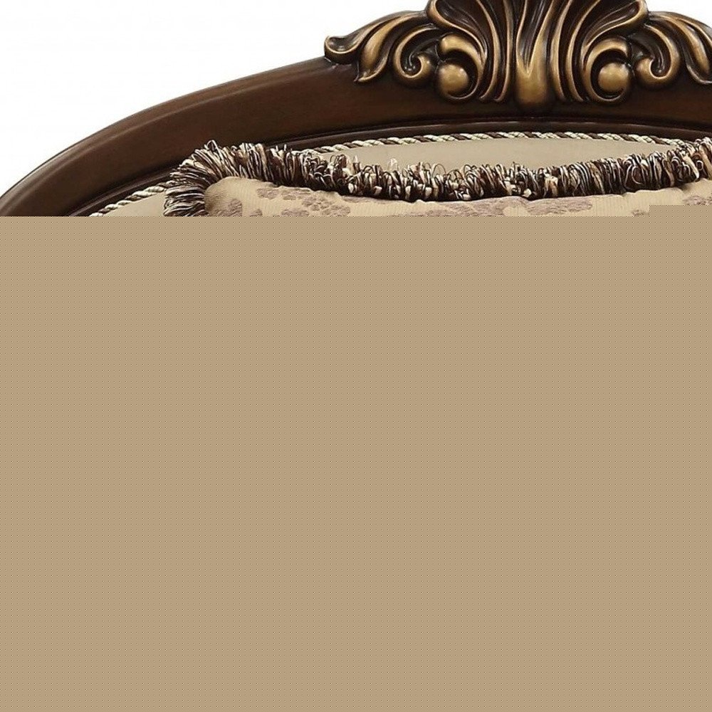 38" Beige and Brown Velvet Floral Arm Chair And Toss Pillows