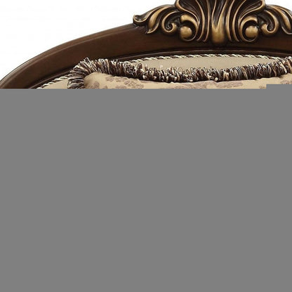 38" Beige and Brown Velvet Floral Arm Chair And Toss Pillows