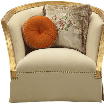 41" Tan and Gold Distressed Club Chair And Toss Pillows