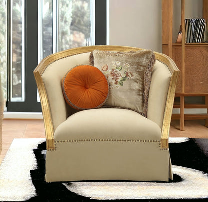 41" Tan and Gold Distressed Club Chair And Toss Pillows