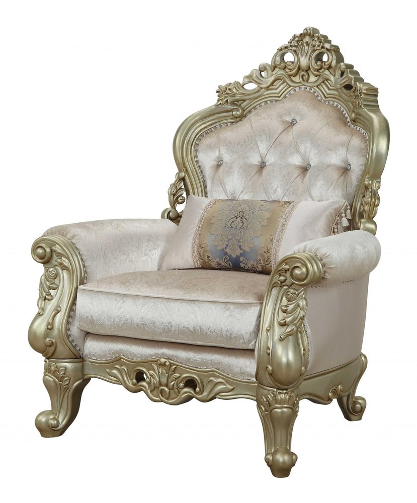 40" Cream and Antiqued White Fabric Damask Tufted Arm Chair And Toss Pillow