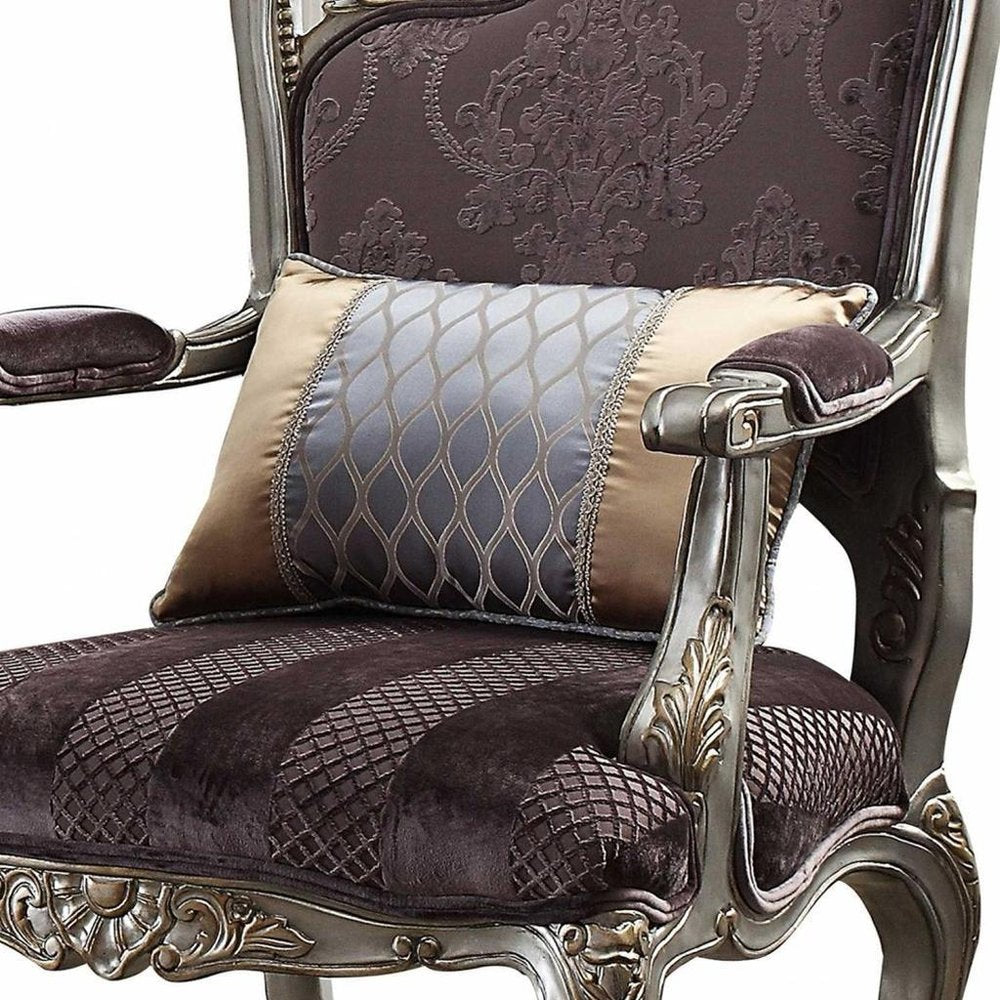 29" Purple and Platinum Velvet Floral Arm Chair And Toss Pillow