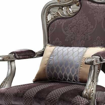 29" Purple and Platinum Velvet Floral Arm Chair And Toss Pillow