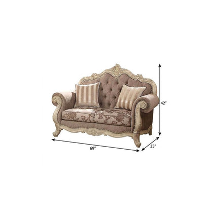 69" Brown And Platinum Damask Chesterfield Loveseat