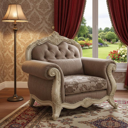 35" Gray and Antiqued White Fabric Floral Tufted Chesterfield Chair And Toss Pillow