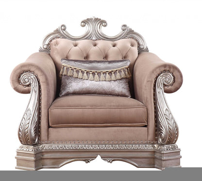 42" Cherry Blossom Pink and Silver Velvet Tufted Arm Chair And Toss Pillow