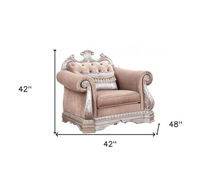 42" Cherry Blossom Pink and Silver Velvet Tufted Arm Chair And Toss Pillow
