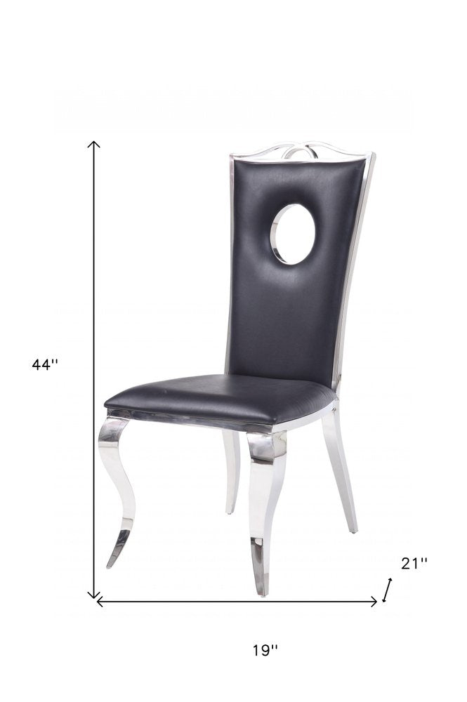 Set of Two Black And Silver Upholstered Faux Leather Dining Side Chairs