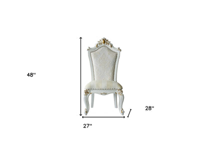 Set of Two 27" Beige and White Faux Leather Damask Side Chair